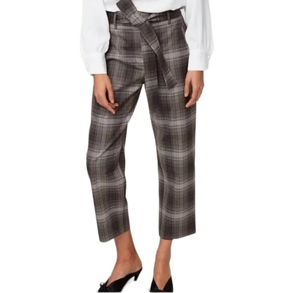 Wilfred Jallade Plaid Print High Rise Belted Straight Leg Casual Pants Gray 8 - Picture 1 of 8